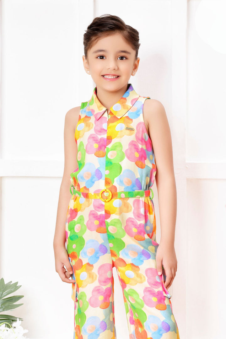 Cream with Multicolor Digital Print Jumpsuit for Girls