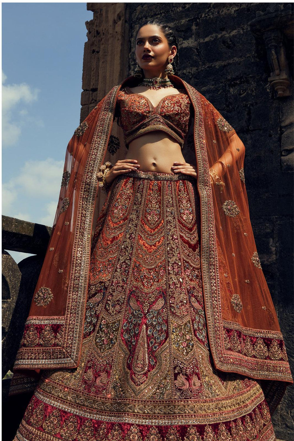 Maroon with Rust Sequins and Embroidery work Semi Stitched Designer Bridal Lehenga - Seasons Chennai