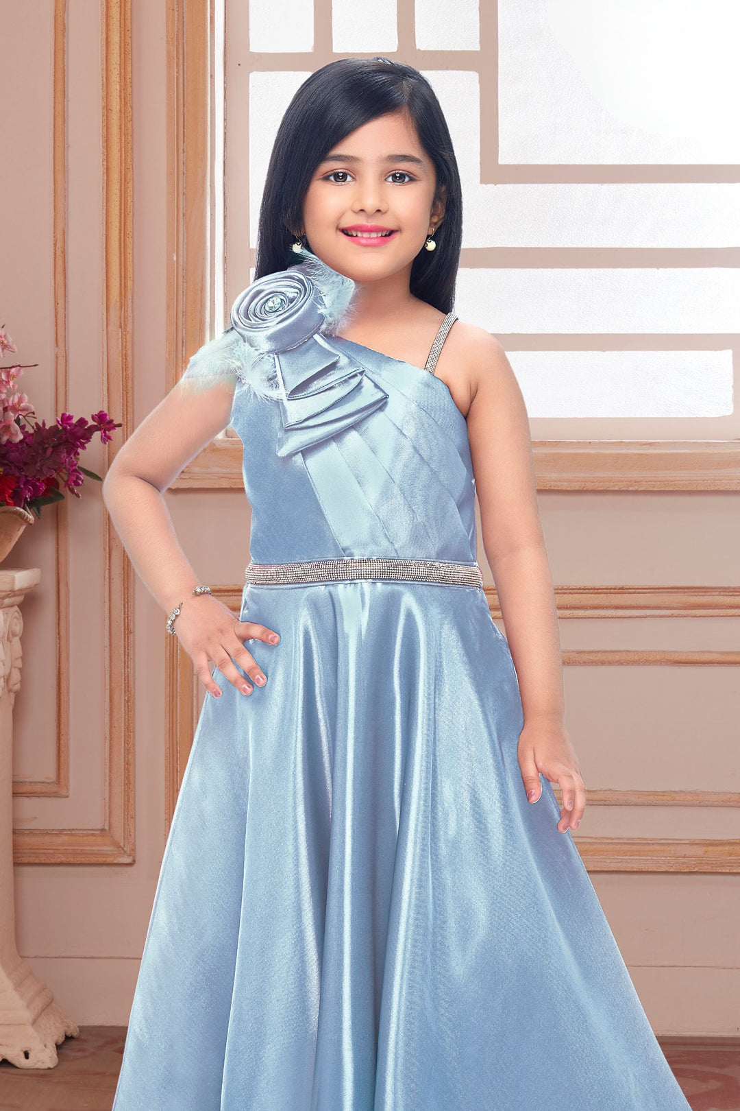 Ice Blue Stone work Long Party Frock for Girls
