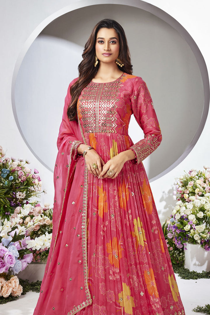 Pink Sequins and Zari work with Floral Print Floor Length Anarkali Suit