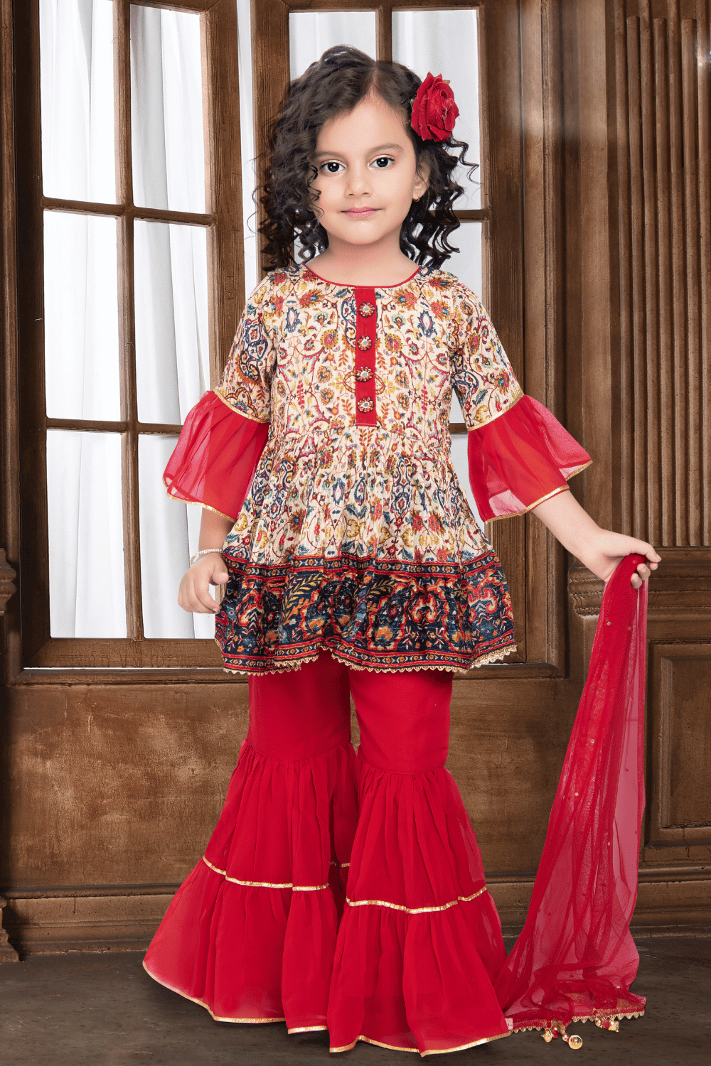 Cream with Red Digital Print, Sequins and Thread work Peplum Style Sharara Suit Set for Girls - Seasons Chennai