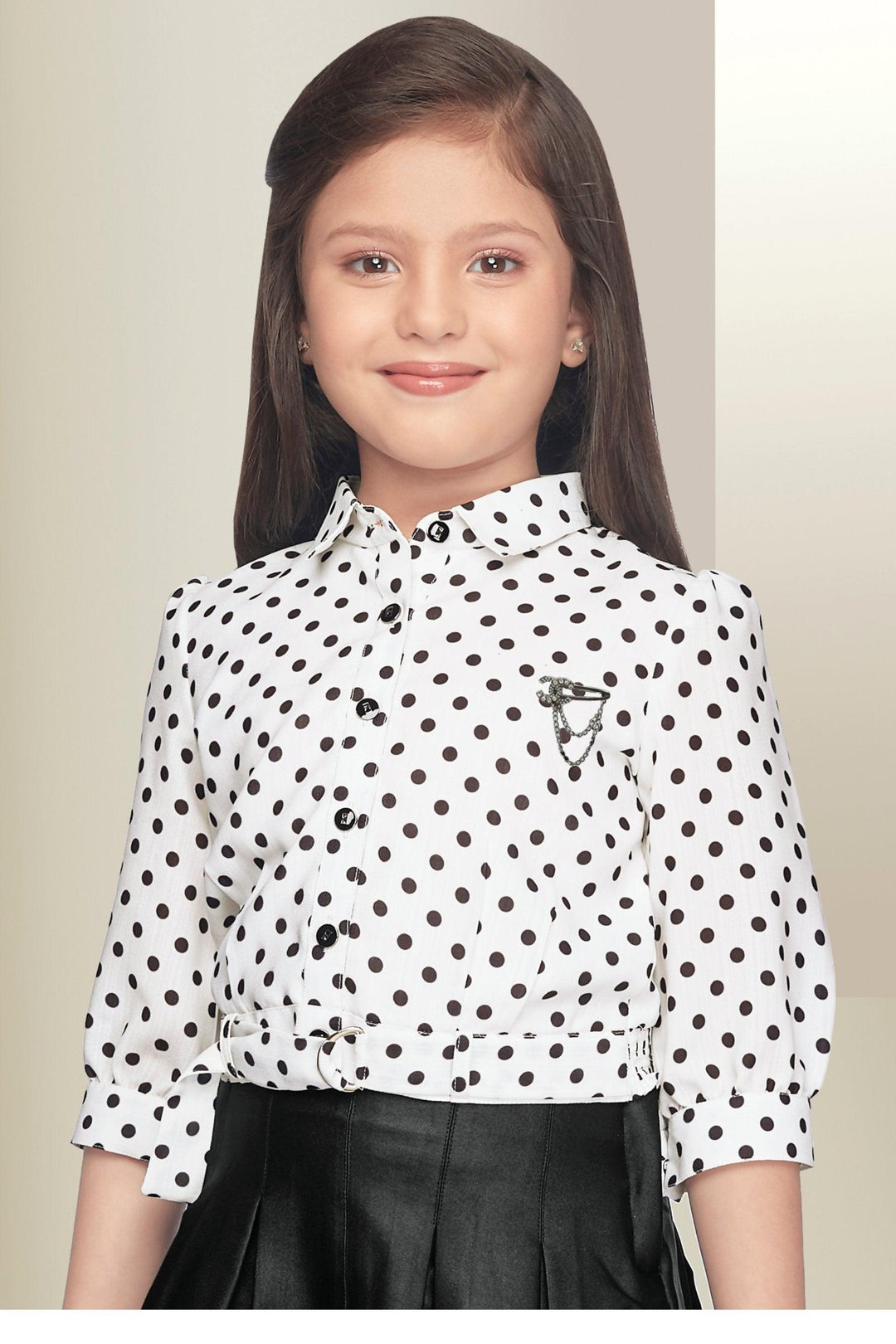 Half White with Black Dot Print Top and Divider Skirt for Girls - Seasons Chennai