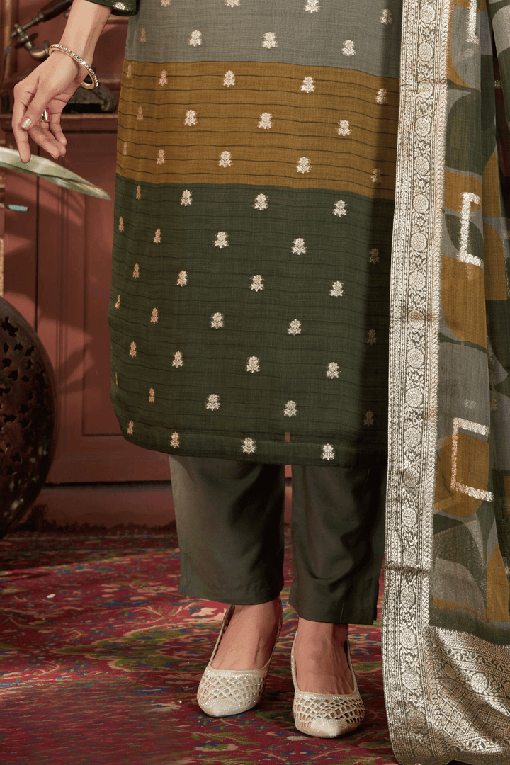 Green Mirror, Zardozi, Pearl and Banaras work Straight Cut Salwar Suit - Seasons Chennai