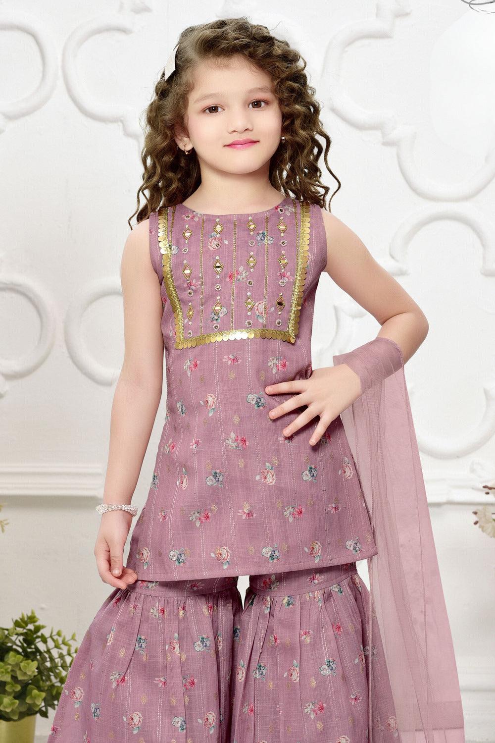 Onion Pink Mirror, Sequins and Zari work with Floral Print Sharara Suit Set for Girls - Seasons Chennai