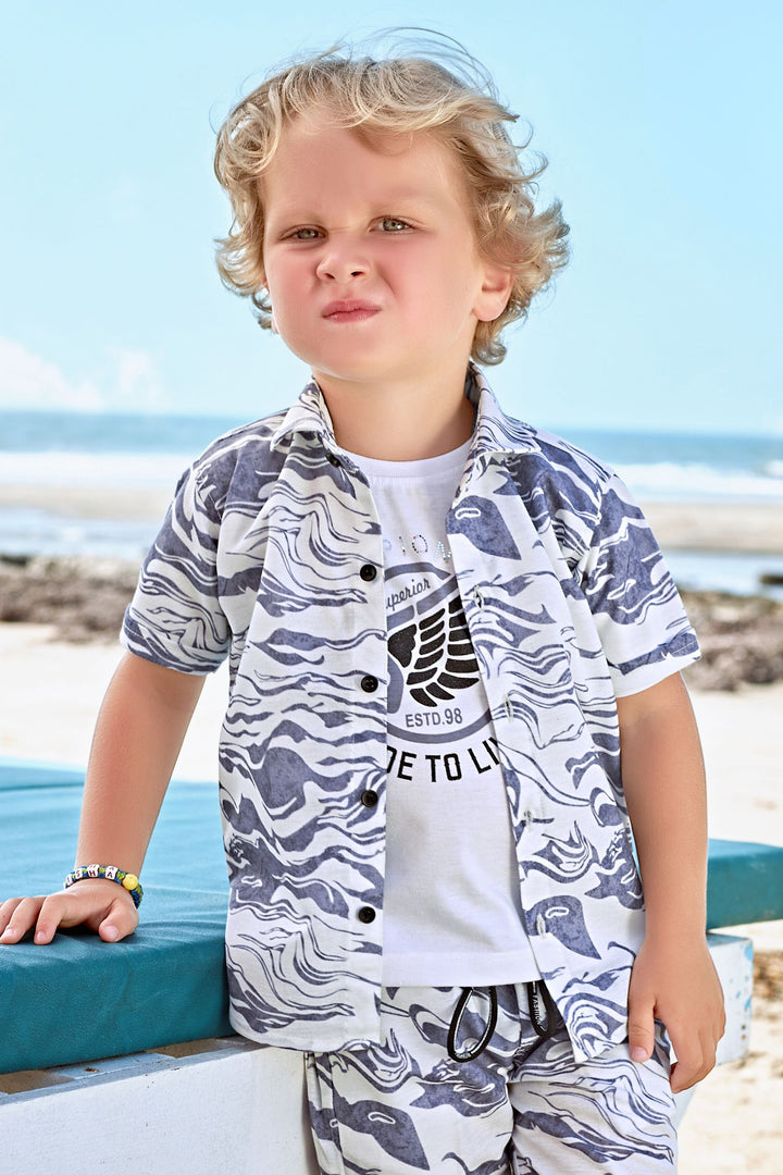 White with Purple Printed Co-ord Set for Boys