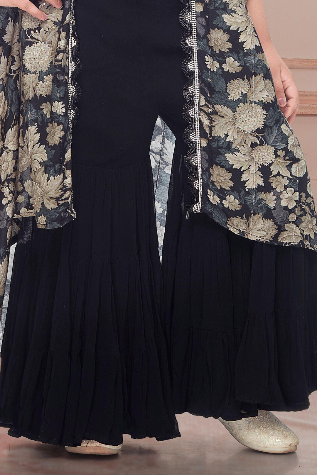 Black Sequins and Thread work with Floral Print Overcoat Styled Sharara Set For Girls - Seasons Chennai