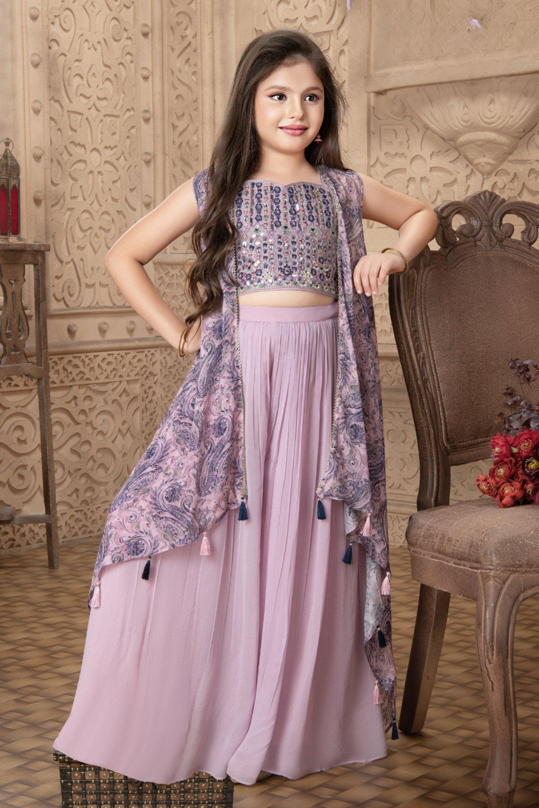 Lilac Mirror, Thread and Zari work with Digital Print Overcoat Styled Palazzo Set For Girls - Seasons Chennai