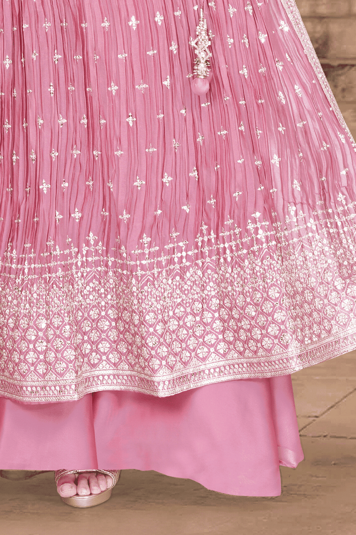 Onion Pink Silver Zari and Sequins work Salwar Suit with Palazzo Pants - Seasons Chennai