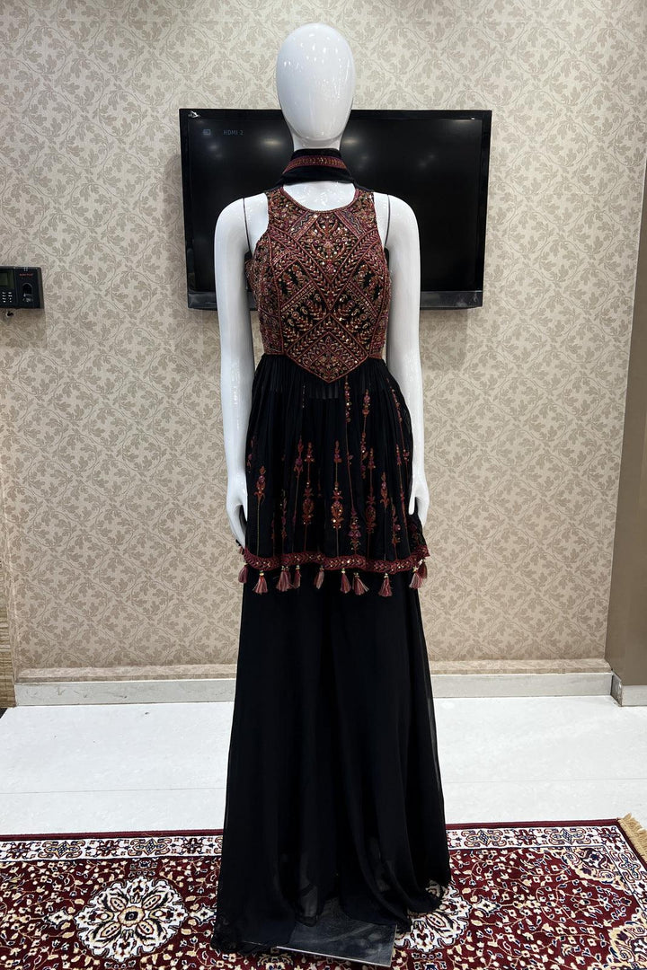 Black Multicolor Thread, Sequins and Beads work Peplum Top with Palazzo Suit Set - Seasons Chennai