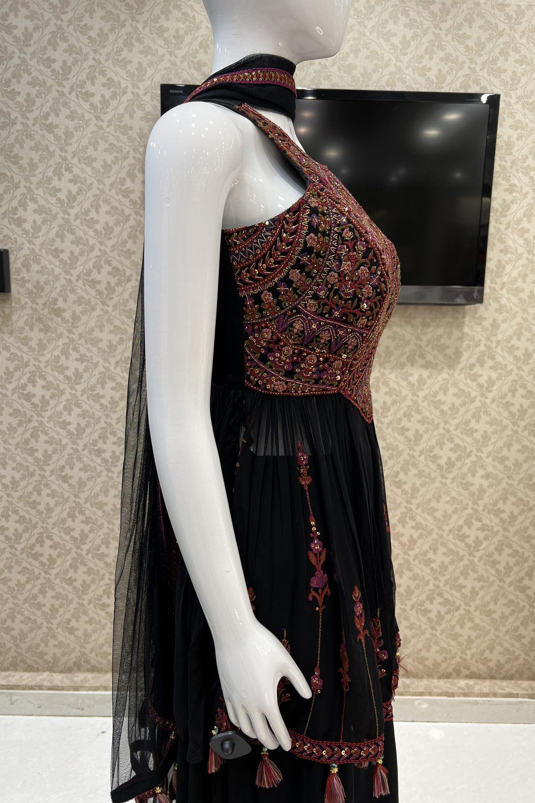 Black Multicolor Thread, Sequins and Beads work Peplum Top with Palazzo Suit Set - Seasons Chennai