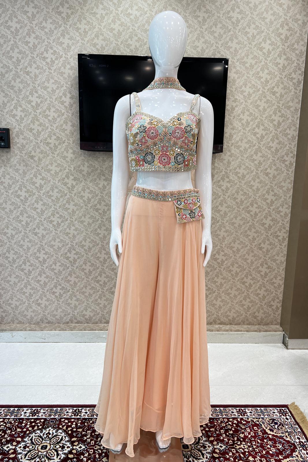 Peach Multicolor Thread, Beads, Zari, Sequins and Mirror work Crop Top with Palazzo Pant - Seasons Chennai