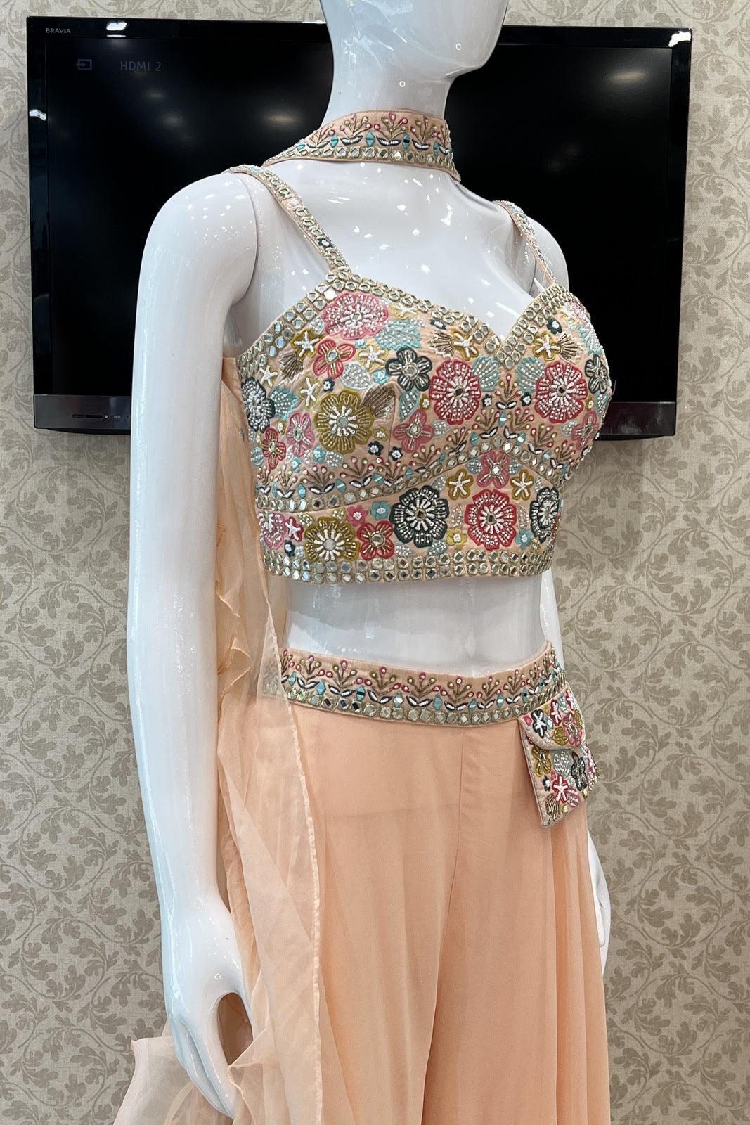 Peach Multicolor Thread, Beads, Zari, Sequins and Mirror work Crop Top with Palazzo Pant - Seasons Chennai