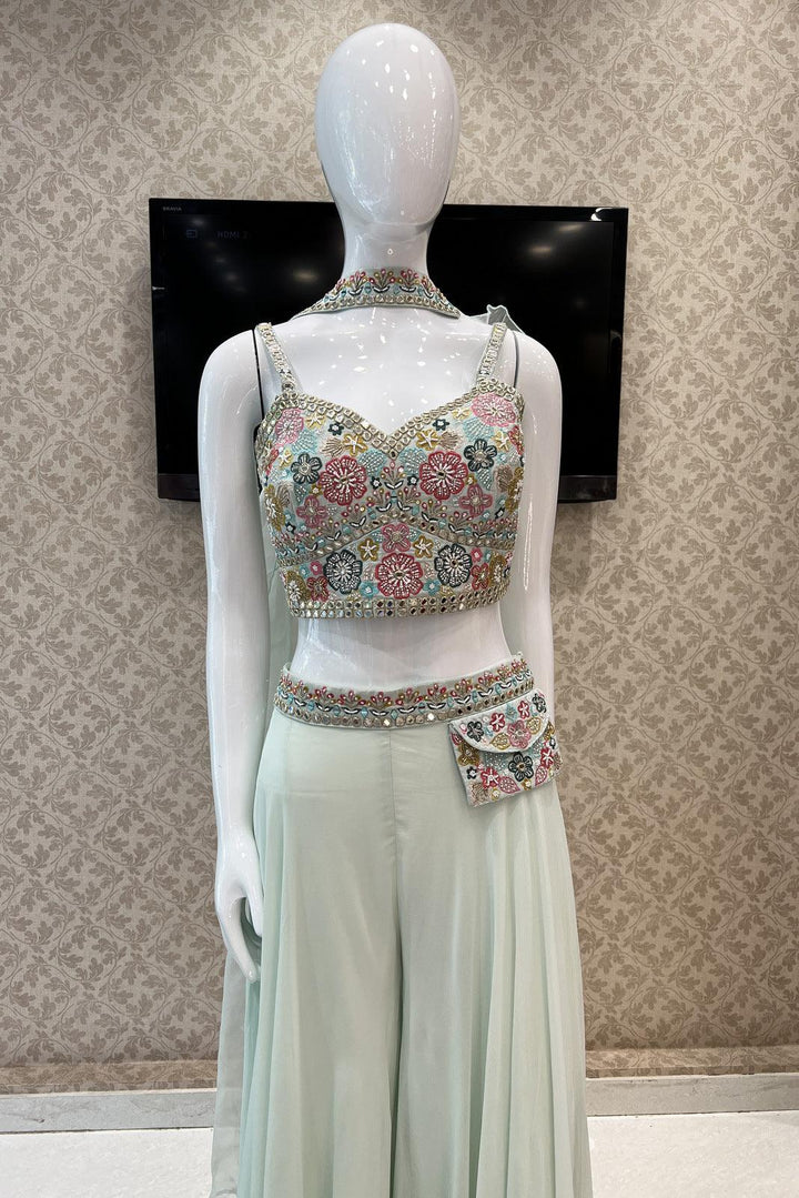 Pista Green Multicolor Thread, Beads, Zari, Sequins and Mirror work Crop Top with Palazzo Pant - Seasons Chennai