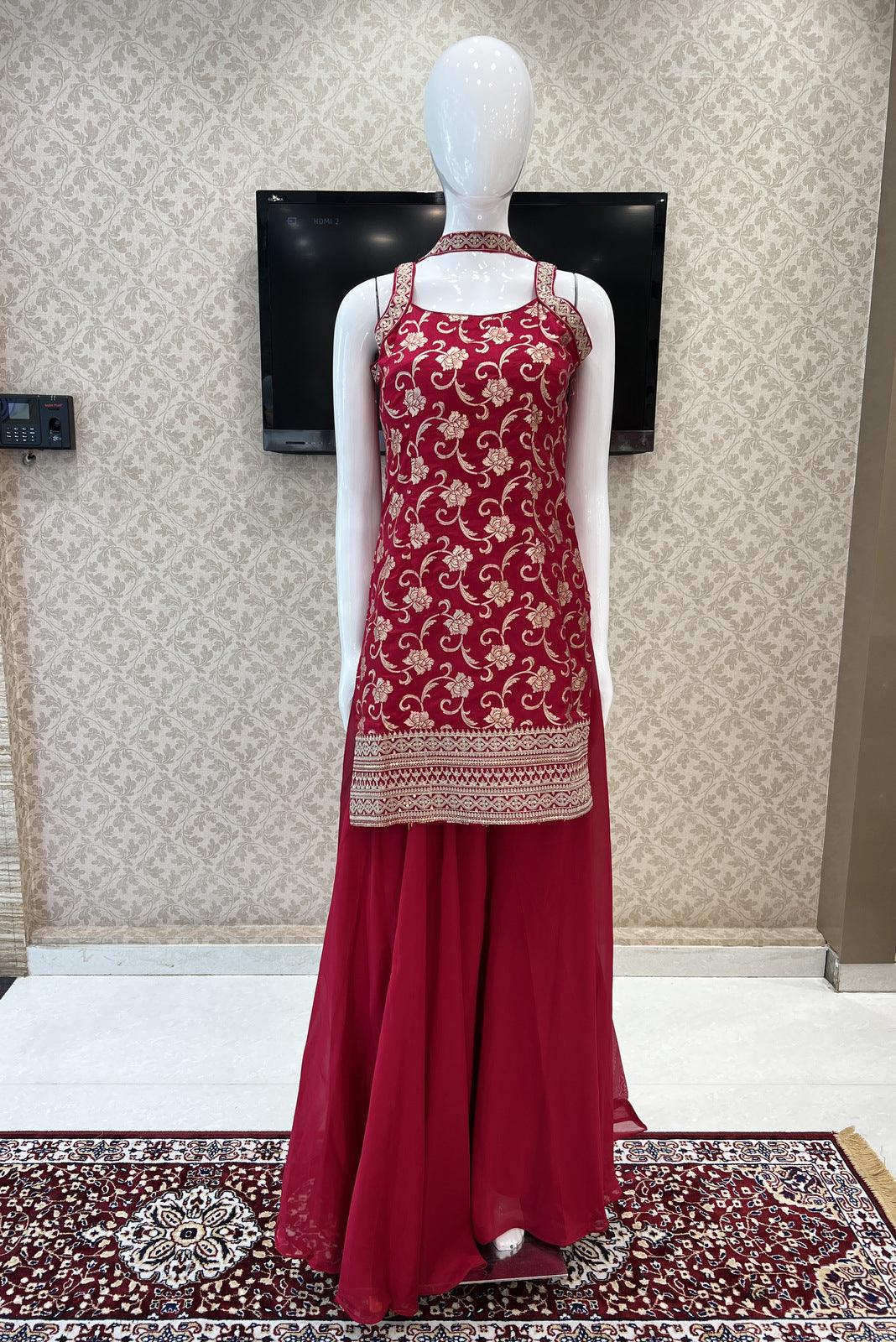 Rani Pink Banaras, Zari and Sequins work Palazzo Suit Set - Seasons Chennai