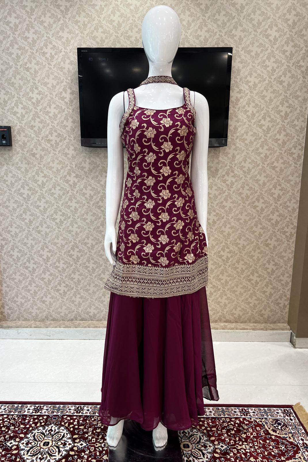 Wine Banaras, Zari and Sequins work Palazzo Suit Set - Seasons Chennai