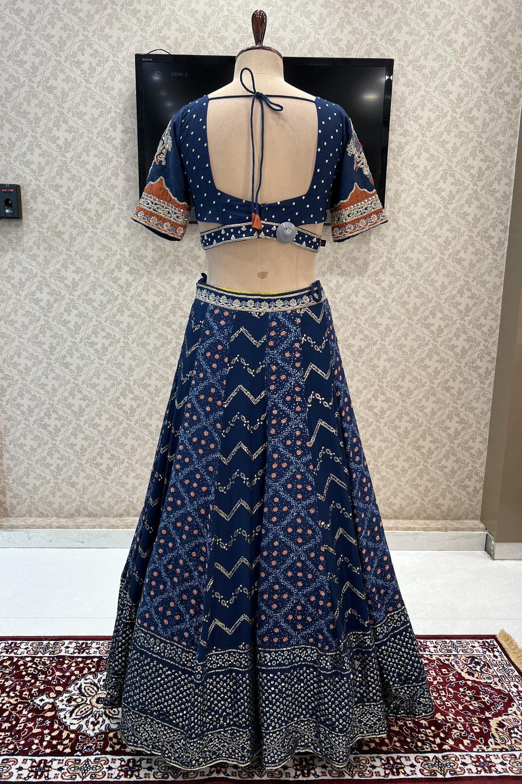 Navy Blue Zardozi, Mirror, Beads and Sequins work with Bandini Print Crop Top Lehenga - Seasons Chennai
