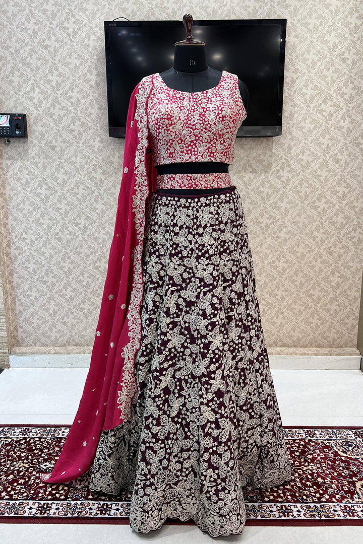Rani Pink with Wine Silver Zari and Sequins work Crop Top Lehenga - Seasons Chennai
