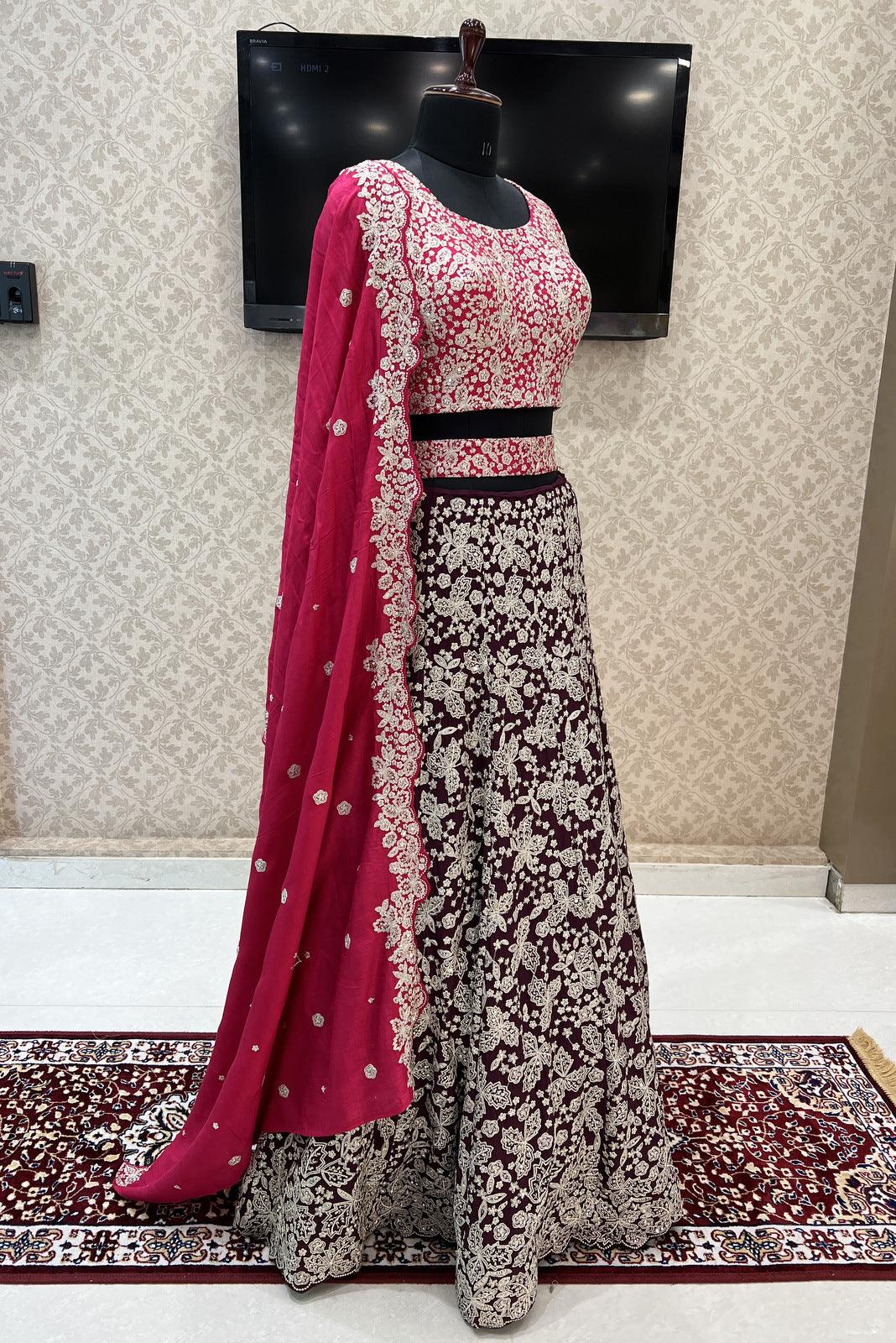 Rani Pink with Wine Silver Zari and Sequins work Crop Top Lehenga - Seasons Chennai