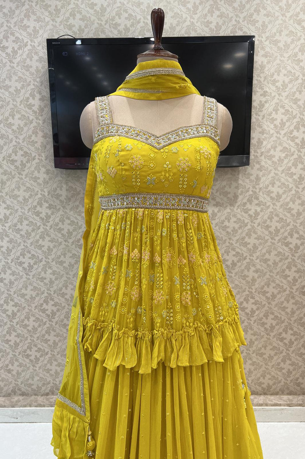 Yellow Beads, Thread, Sequins and Mirror work Peplum Style Lehenga - Seasons Chennai
