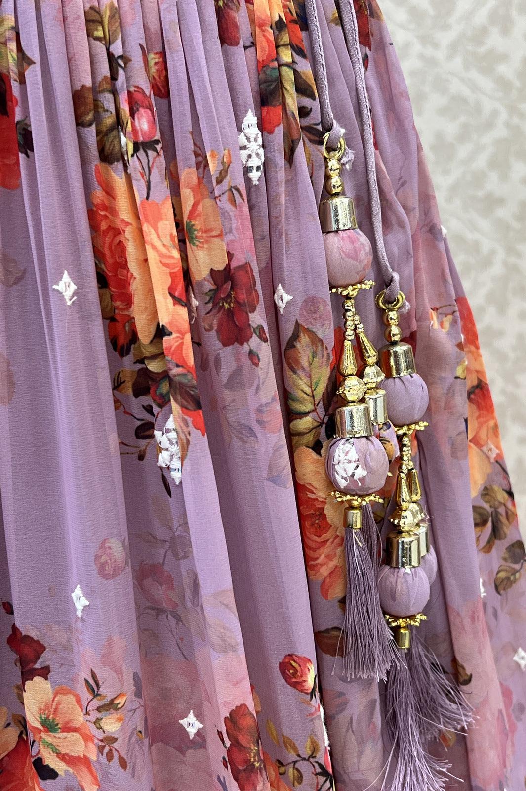 Lavender Mirror, Sequins, Thread and Zari work with Floral Print Crop Top Lehenga - Seasons Chennai