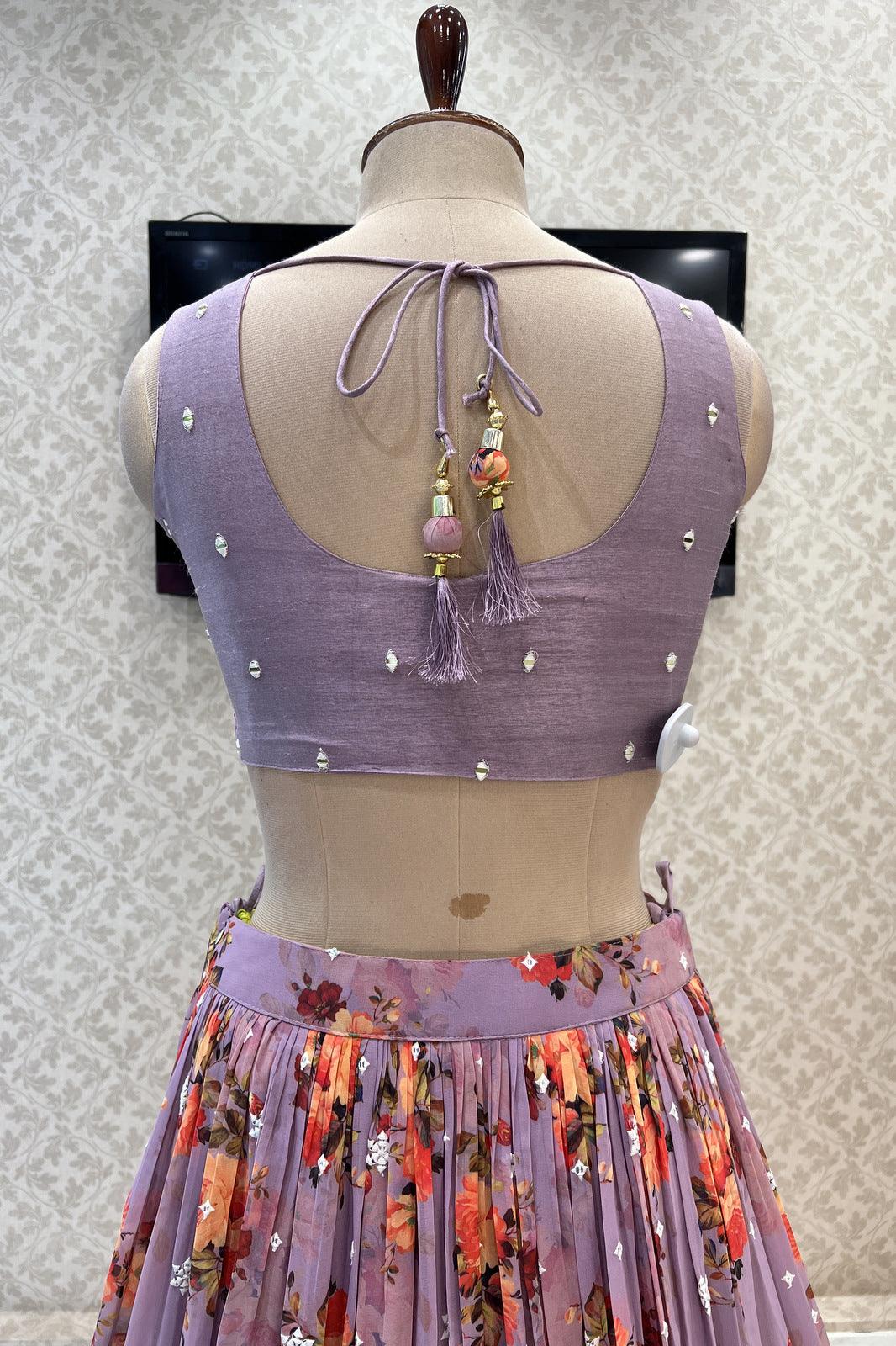 Lavender Mirror, Sequins, Thread and Zari work with Floral Print Crop Top Lehenga - Seasons Chennai