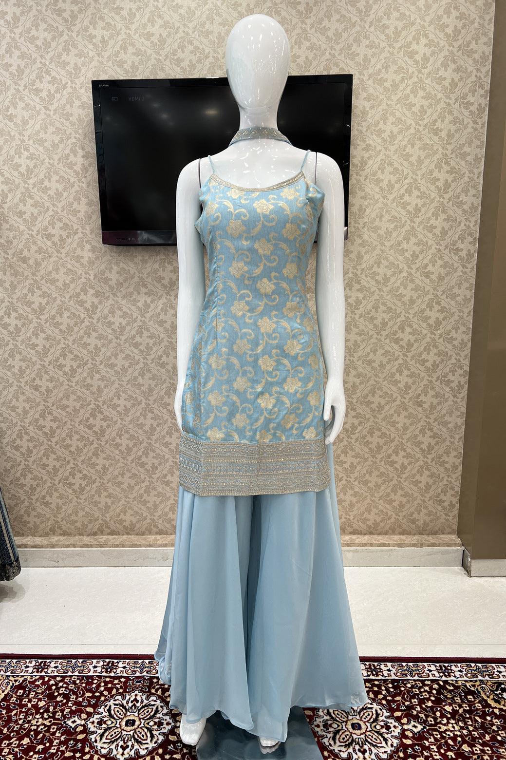 Light Blue Banaras, Zari and Sequins work Palazzo Suit Set - Seasons Chennai