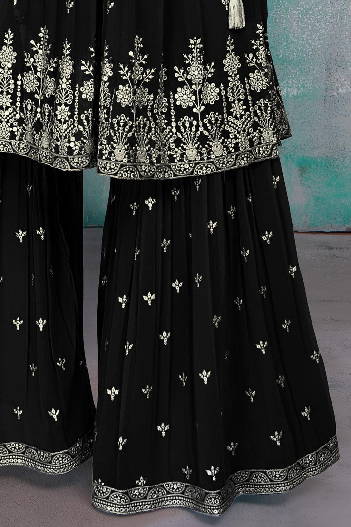 Black Thread, Mirror and Stone work Alia Cut Peplum Top and Sharara Set for Girls - Seasons Chennai