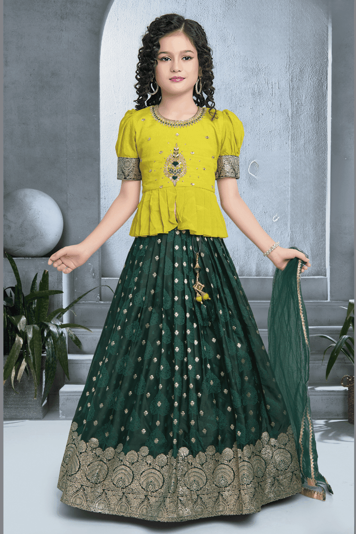 Liril and Dark Green Banaras, Beads, Zardozi, Stone and Thread work Lehenga Choli for Girls - Seasons Chennai