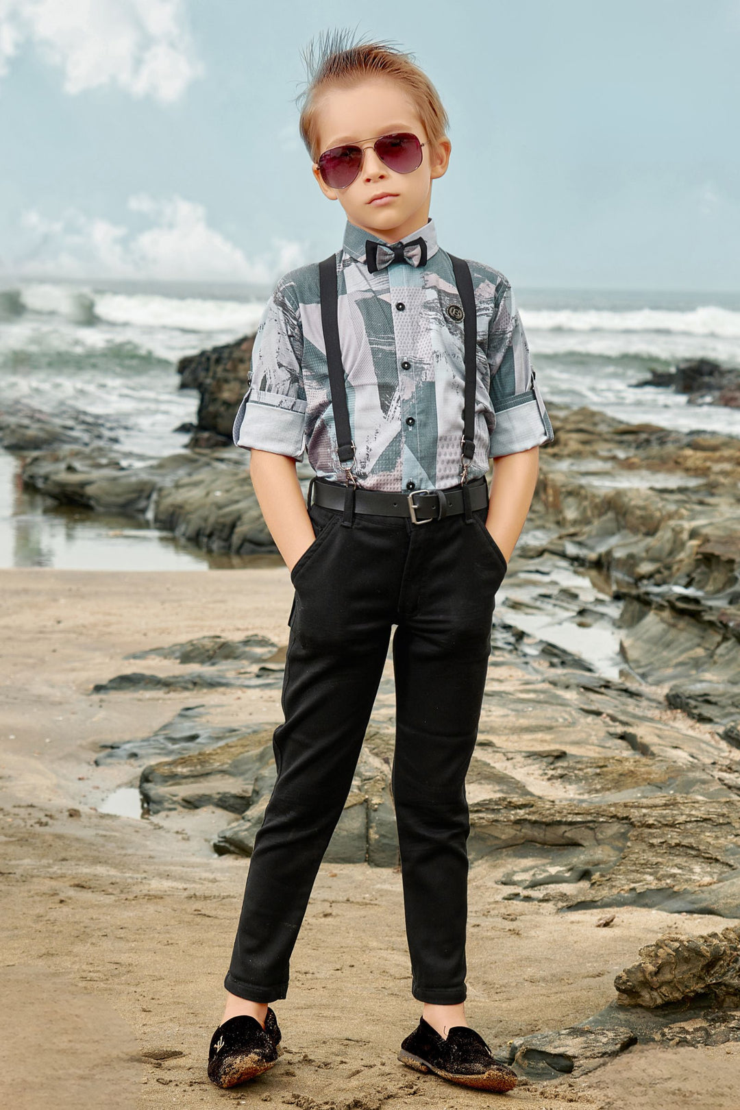 Multicolor Printed with Black Suspender Style Pant Shirt Set for Boys with Bow and Belt