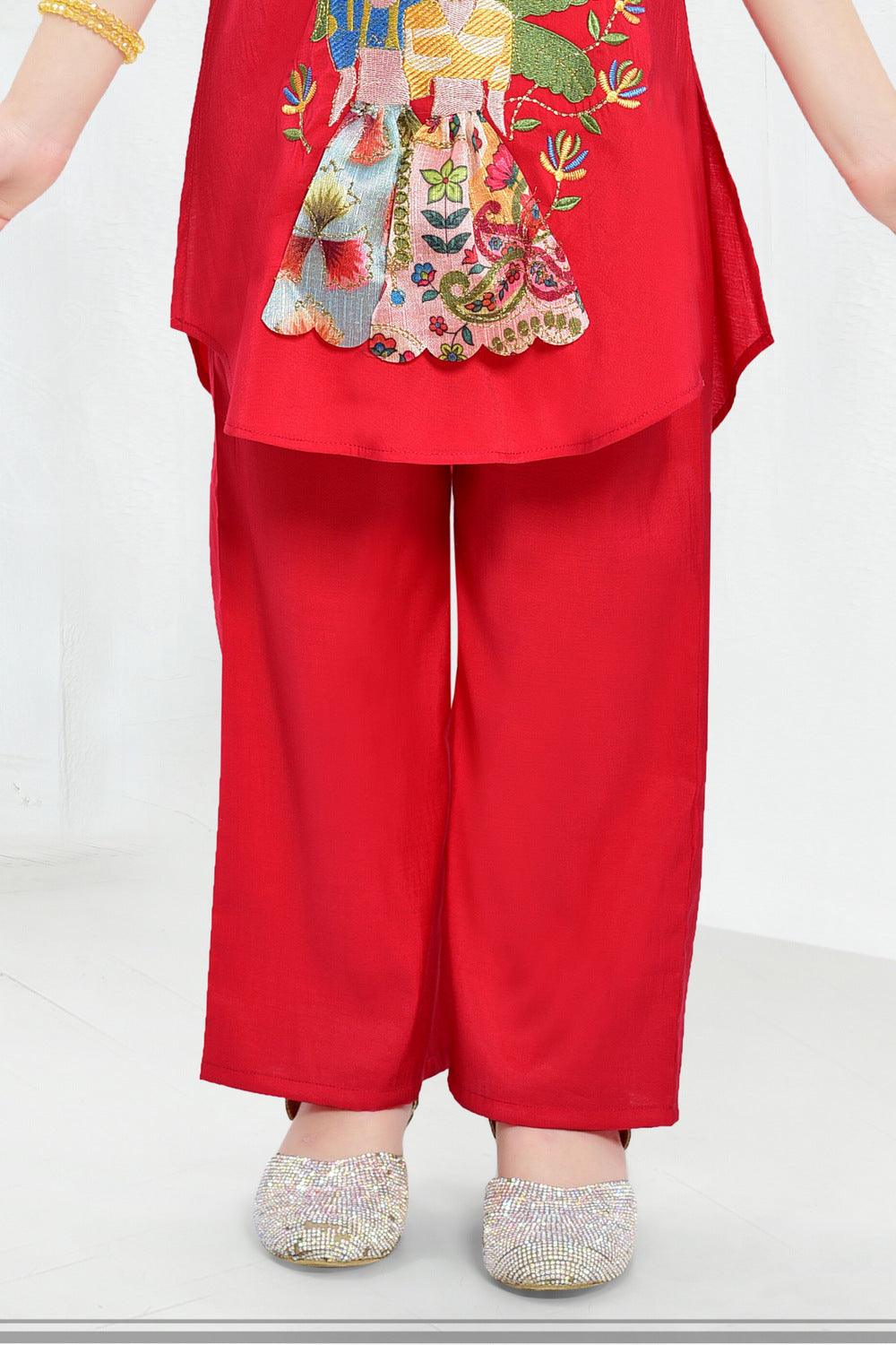 Red Embroidery and Zari work Co-ord Set for Girls - Seasons Chennai
