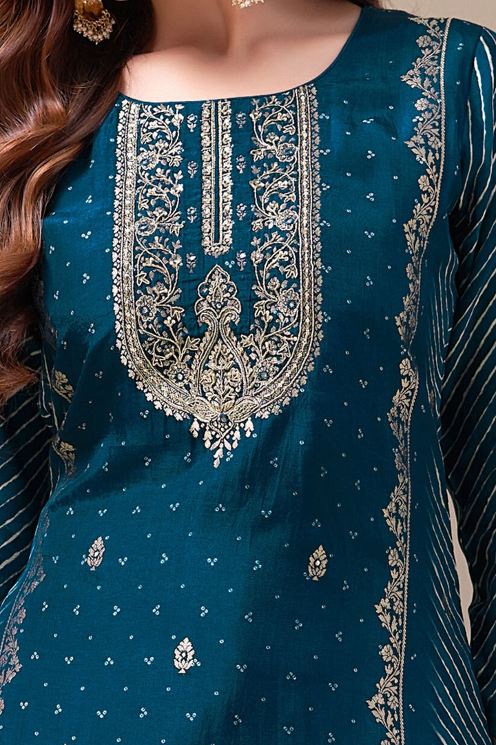 Peacock Blue Zardozi, Sequins, Zari, Thread and Banaras work Straight Cut Salwar Suit
