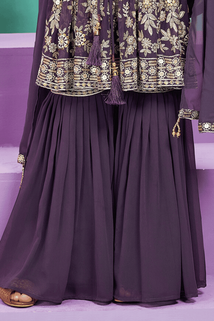 Dark Purple Mirror, Zardozi, Sequins and Thread work Peplum Style Sharara Suit Set for Girls - Seasons Chennai