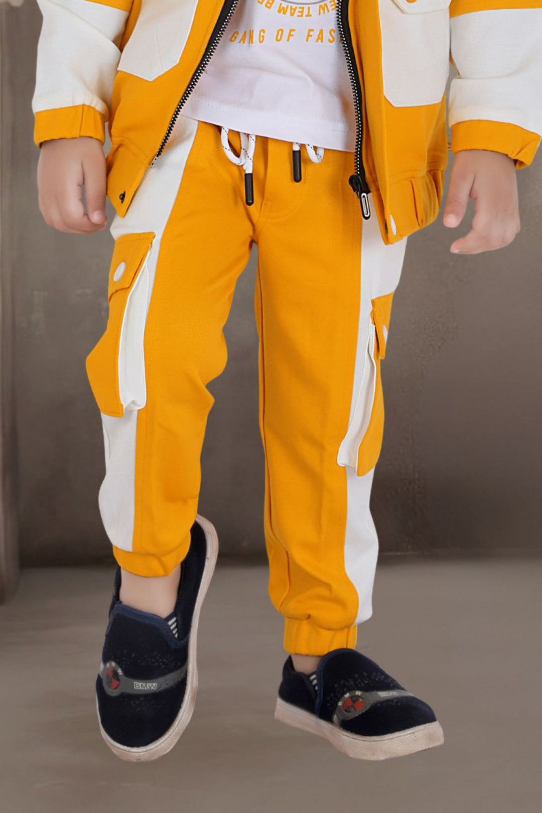 Yellow with White Printed Waist Coat and Pant Set for Boys