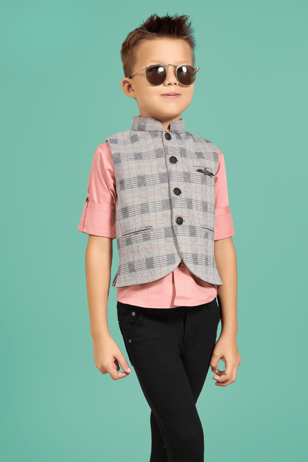 Peach and Grey Printed Waist Coat and Black Pant Set for Boys with Belt - Seasons Chennai