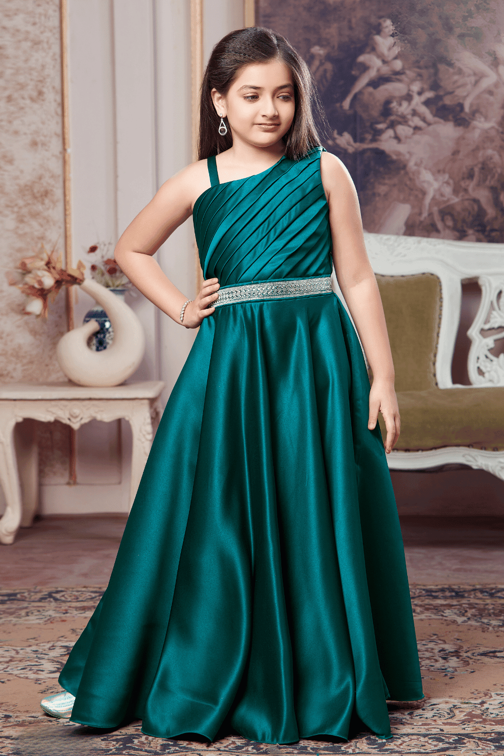 Peacock Green Stone work Long Party Gown for Girls - Seasons Chennai