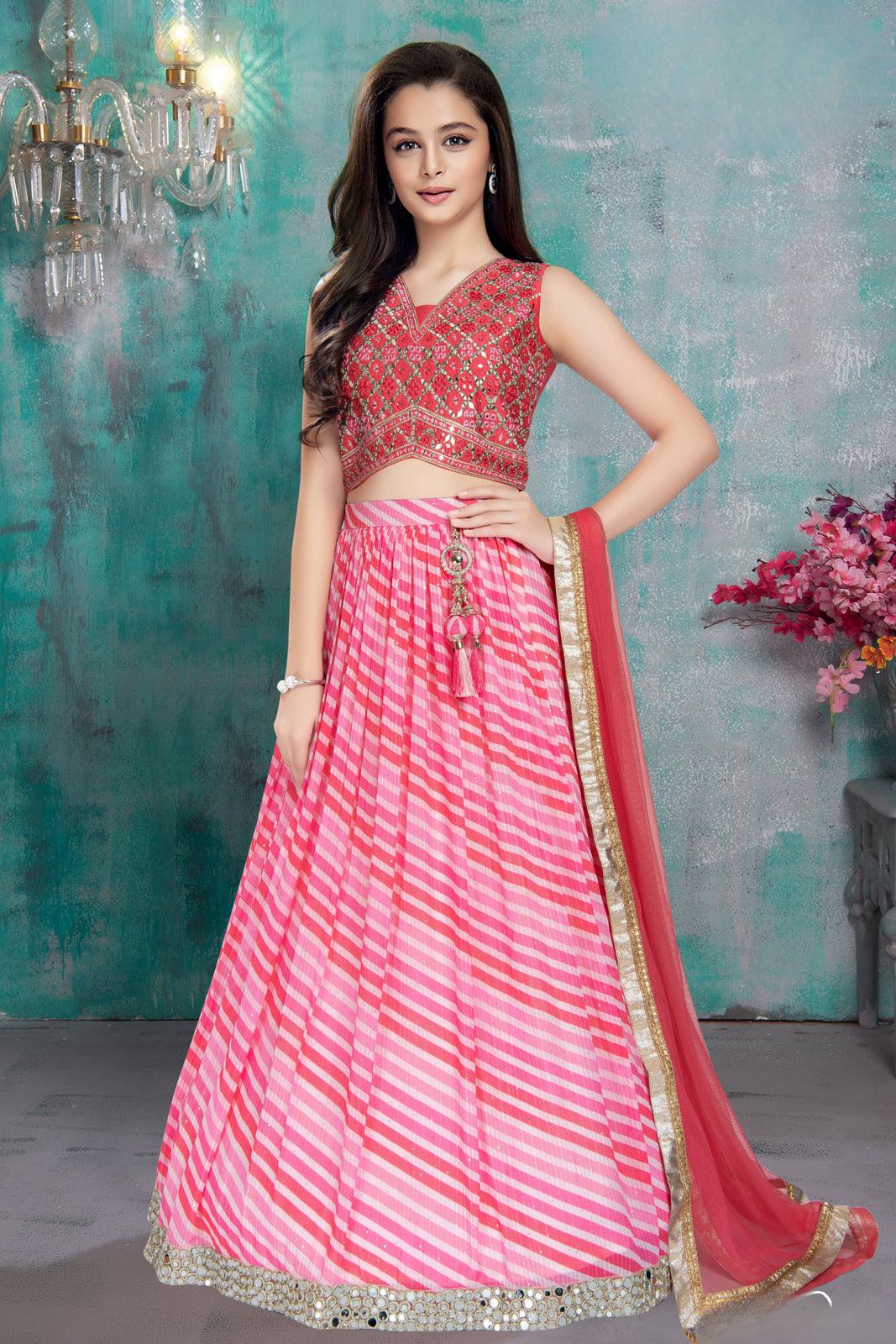 Pink Mirror, Zari, Sequins and Thread Weaving work with Leheriya Print Lehenga Choli for Girls - Seasons Chennai