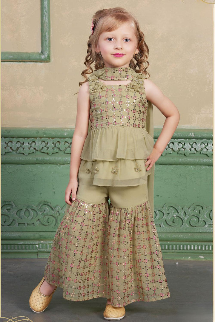 Pista Green Thread and Sequins work Peplum Top and Sharara Set for Girls - Seasons Chennai