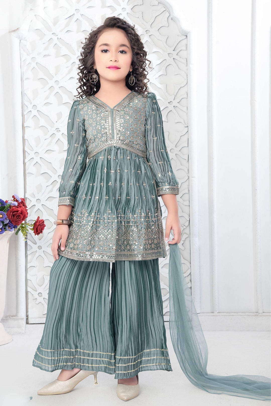 Pale Green Silver Zari and Sequins work Peplum Style Sharara Suit Set for Girls - Seasons Chennai