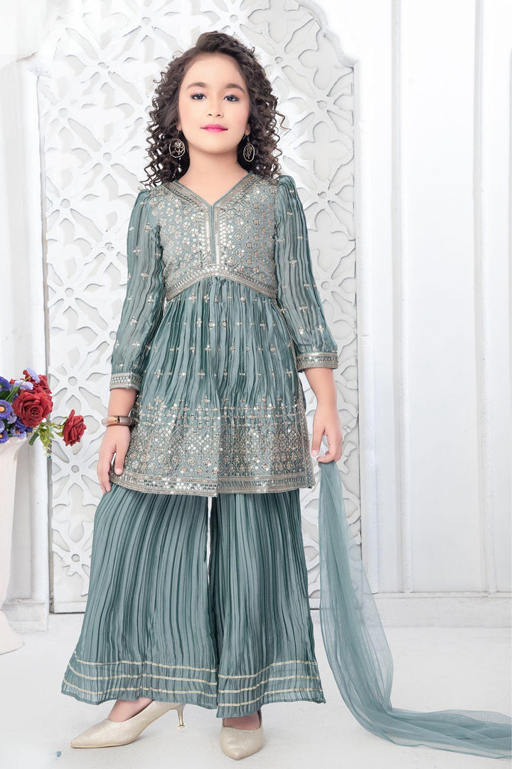 Pale Green Silver Zari and Sequins work Peplum Style Sharara Suit Set for Girls - Seasons Chennai