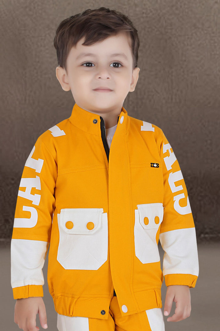 Yellow with White Printed Waist Coat and Pant Set for Boys