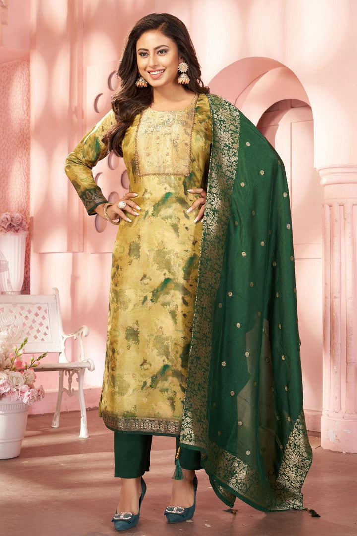 Lemon Green with Tie and Dye Print, Beads and Banaras work Straight Cut Salwar Suit - Seasons Chennai