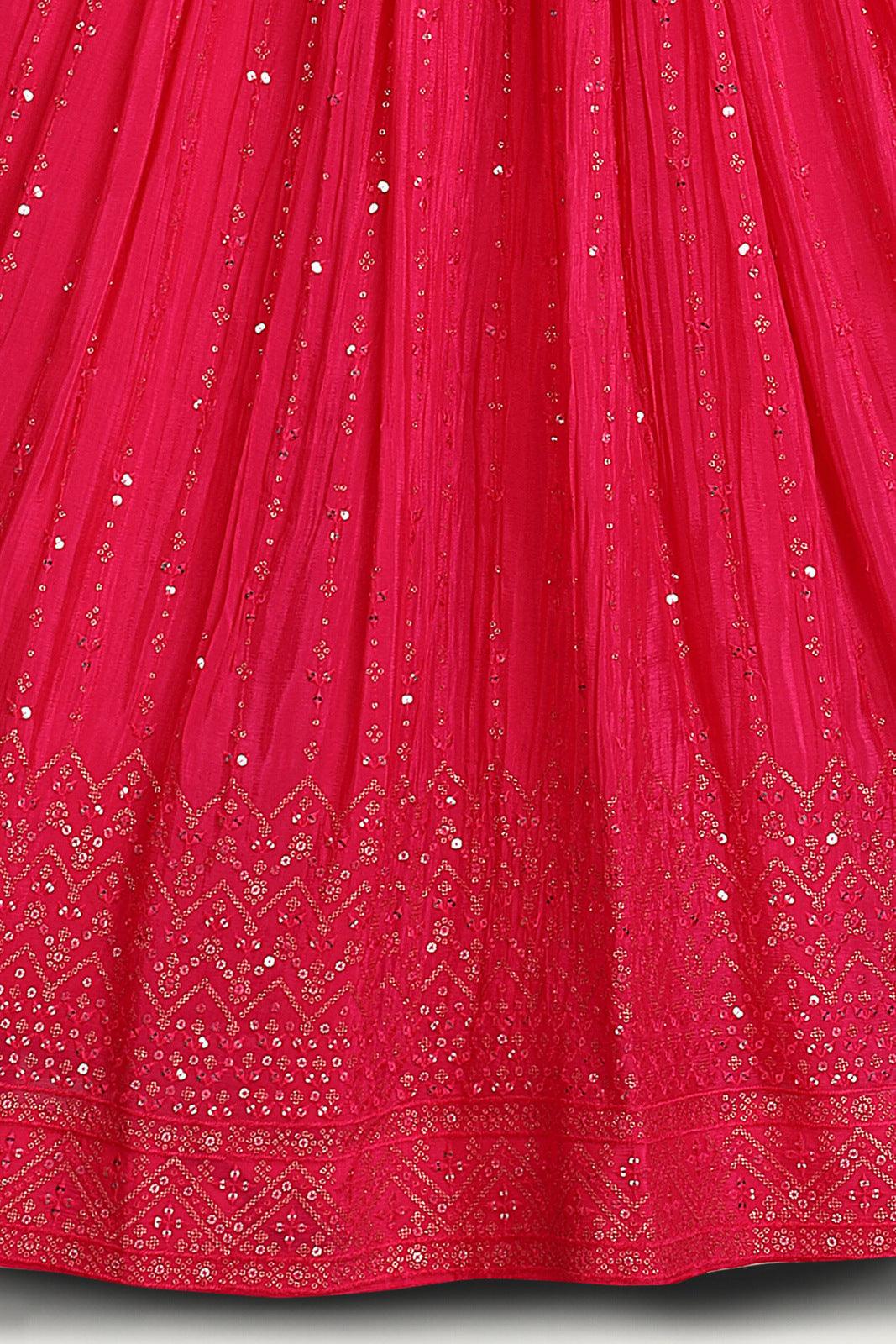 Rani Pink Beads, Zardozi, Mirror and Sequins work Crop Top Lehenga - Seasons Chennai