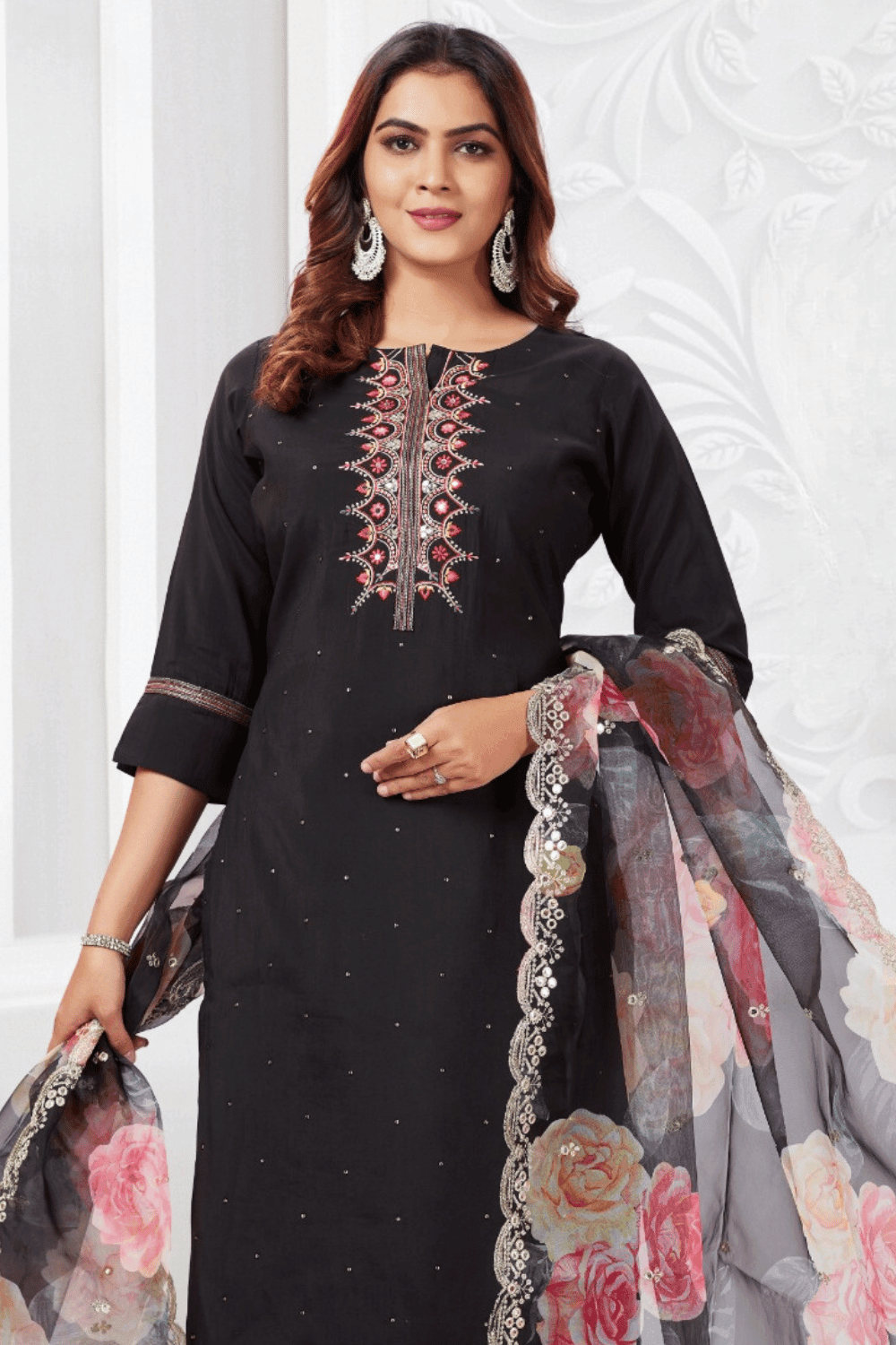 Black Multicolor Thread and Mirror work Straight Cut Salwar Suit with Floral Print Dupatta - Seasons Chennai