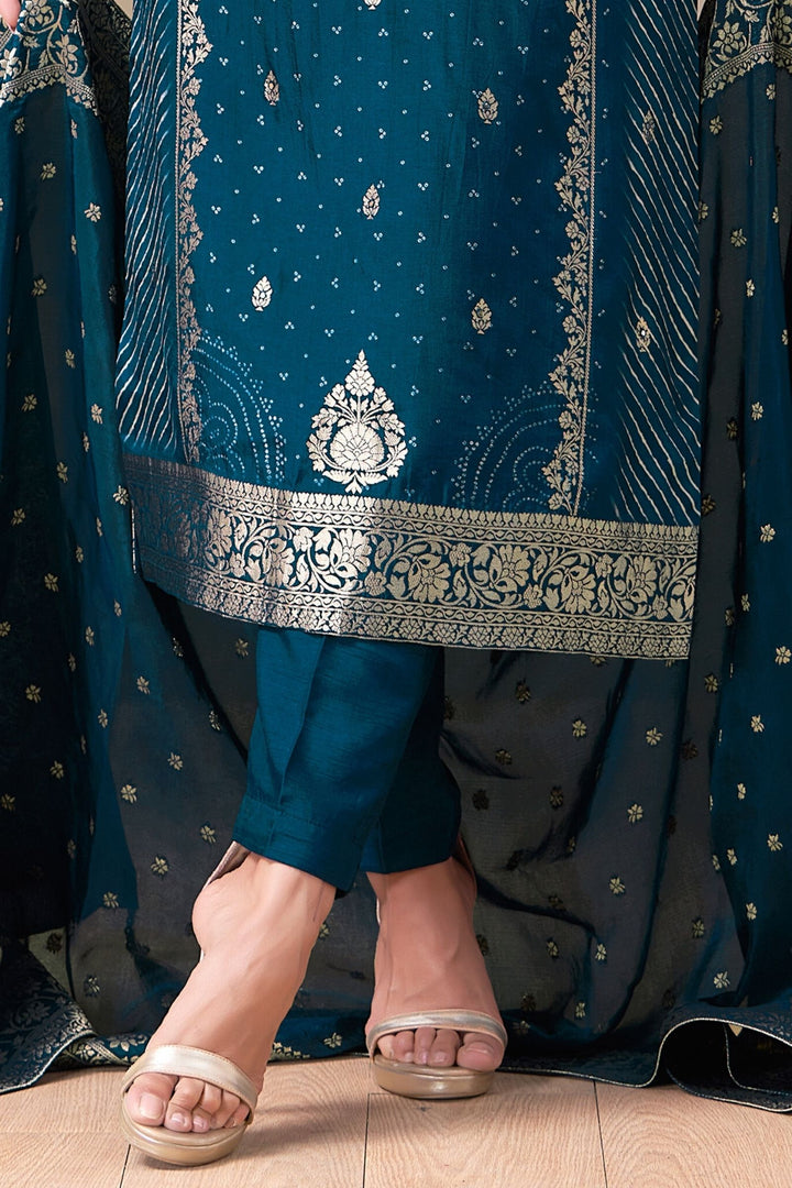 Peacock Blue Zardozi, Sequins, Zari, Thread and Banaras work Straight Cut Salwar Suit