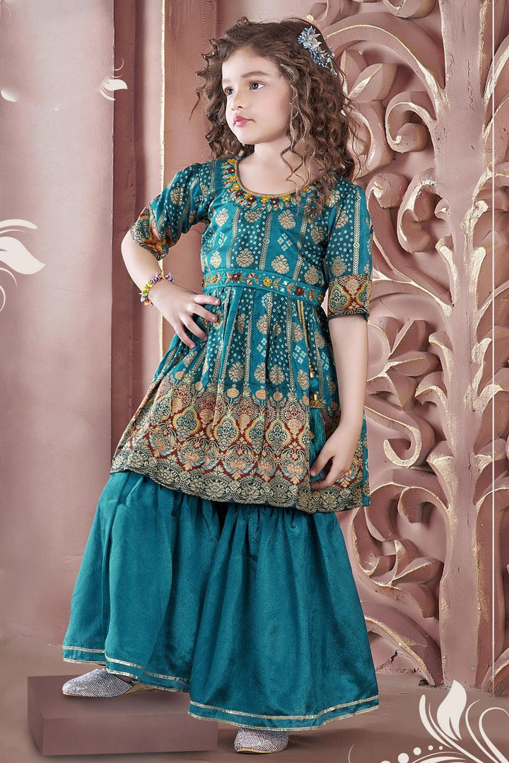 Peacock Blue Banaras work and Bandini Print Peplum Style Sharara Suit Set for Girls - Seasons Chennai