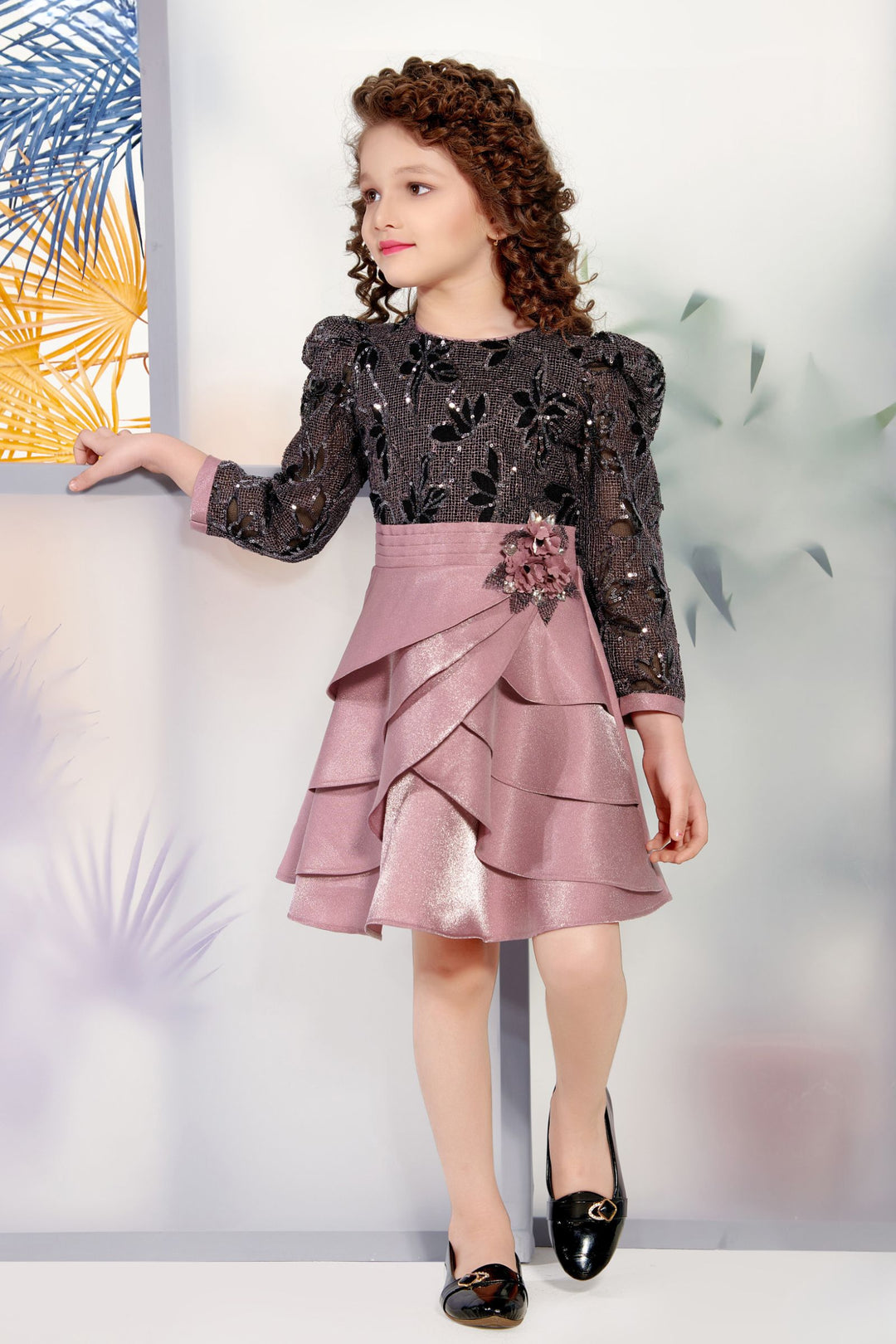 Black with Onion Pink Sequins work Short Frock for Girls