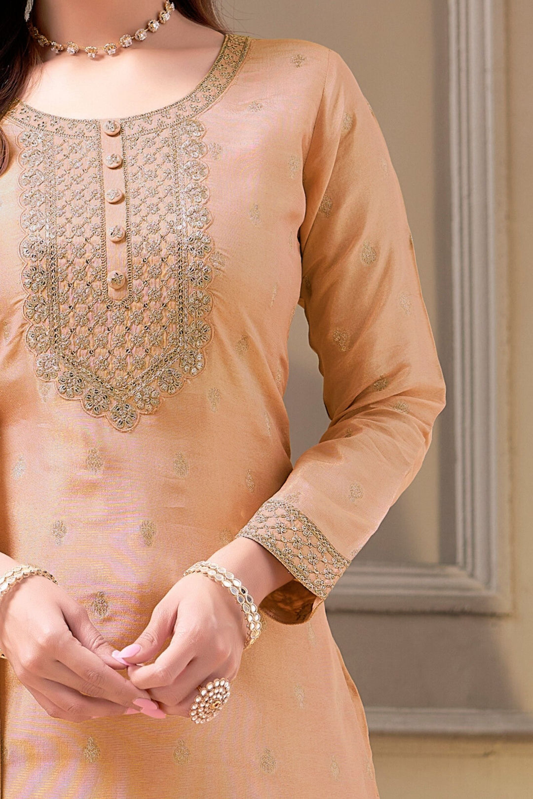 Peach Zari, Thread, Sequins and Banaras work Straight Cut Salwar Suit