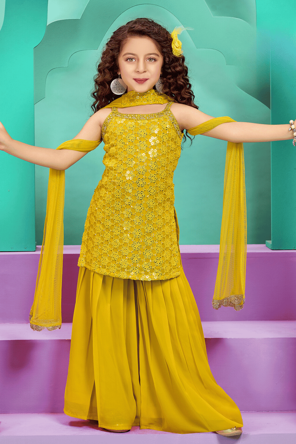 Yellow Sequins, Thread, Mirror and Zari work for Girls Sharara Suit Set - Seasons Chennai