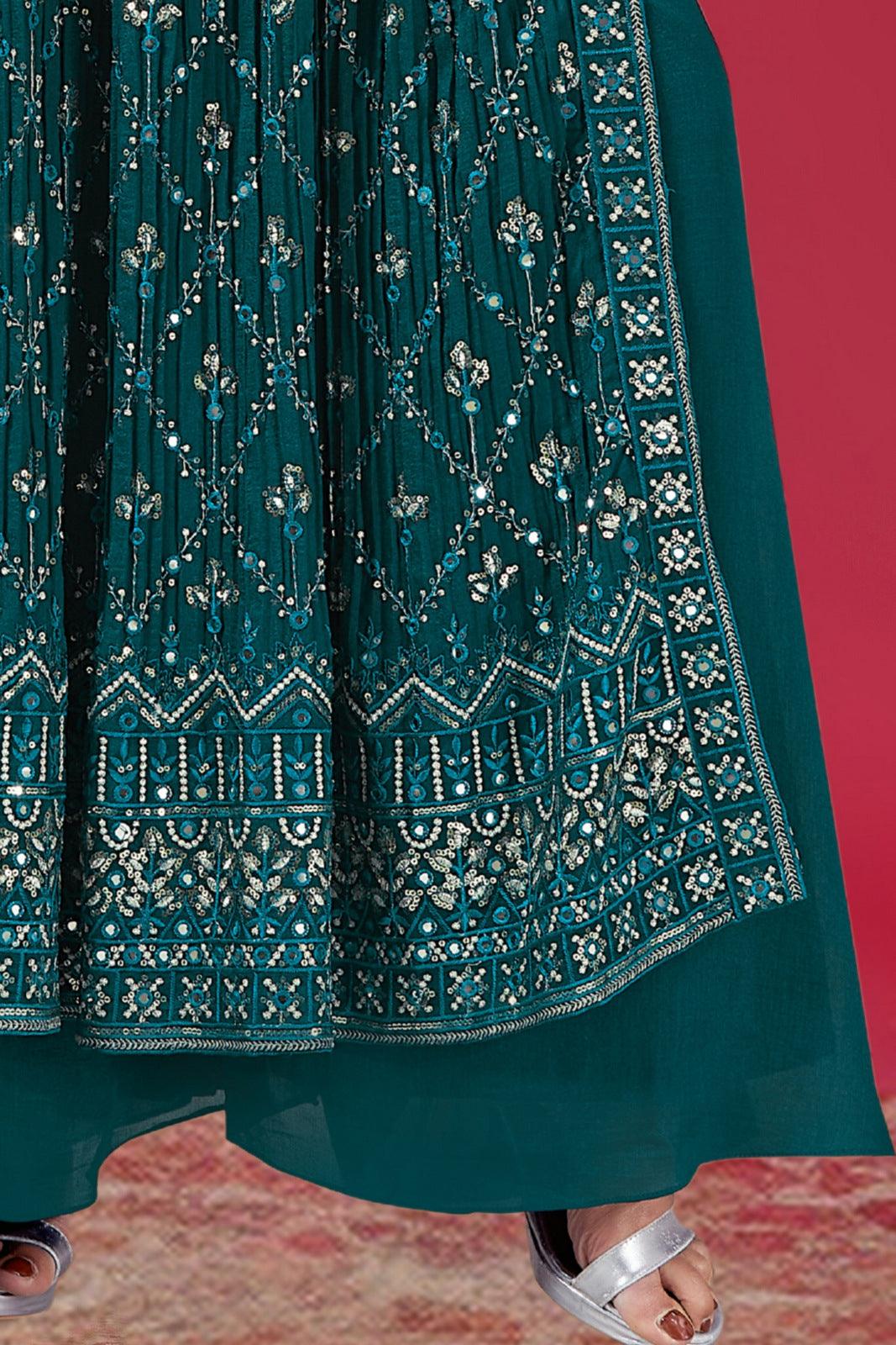 Rama Blue Zari, Thread and Sequins work Salwar Suit with Palazzo Pants - Seasons Chennai