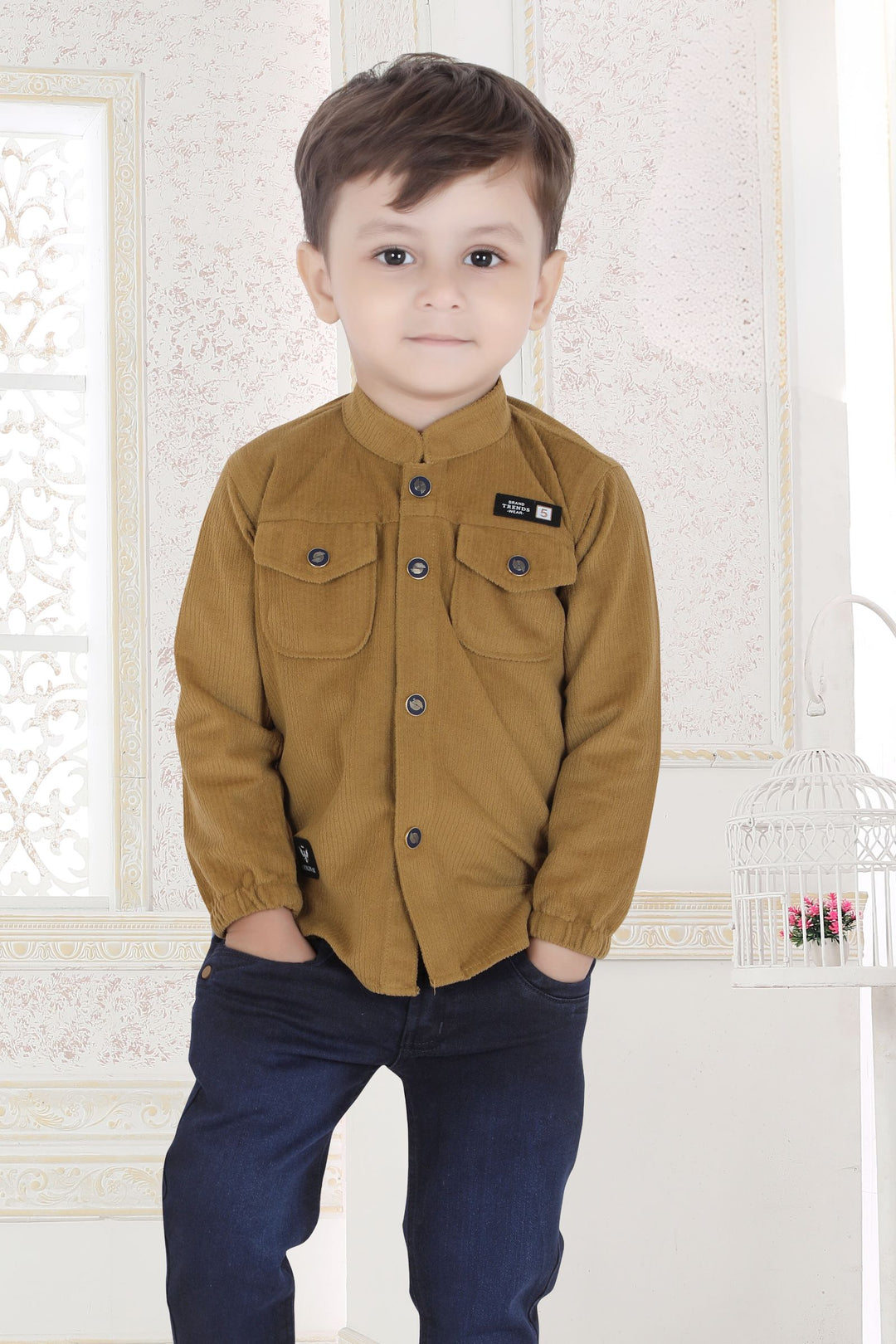 Khakhi with Navy Blue Casual Wear Pant and Shirt Set for Boys